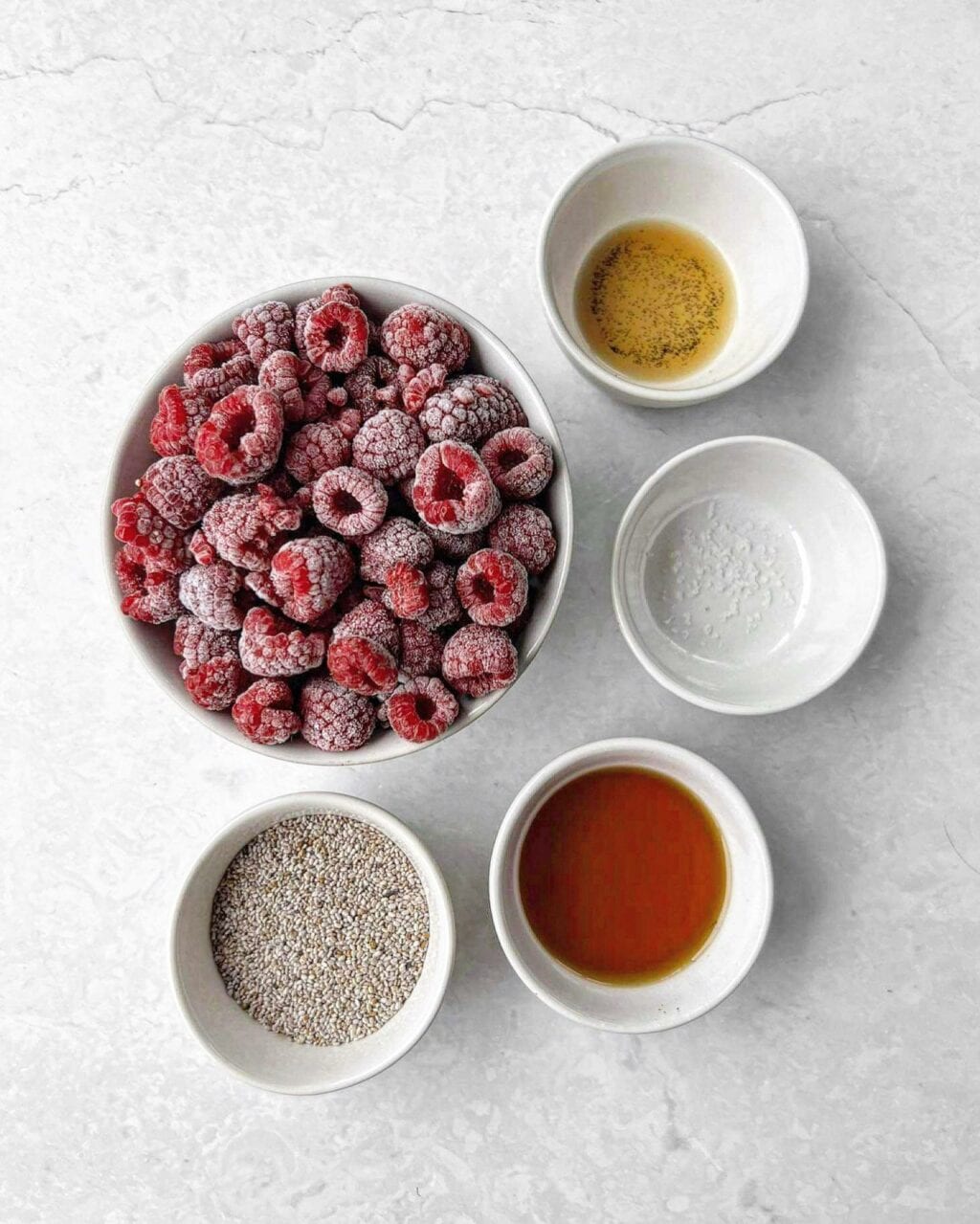 A birds-eye photo of ingredients for raspberry chia jam including frozen raspberries, maple syrup, salt, chia seeds and vanilla. 