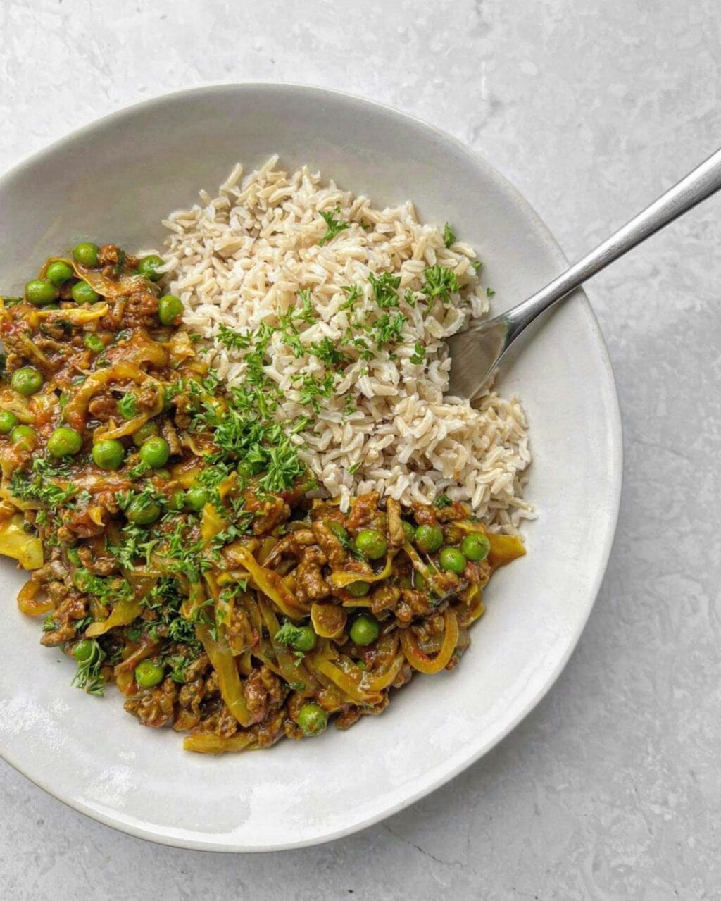 A birdseye photo of curried mince with brown rice topped with parsley