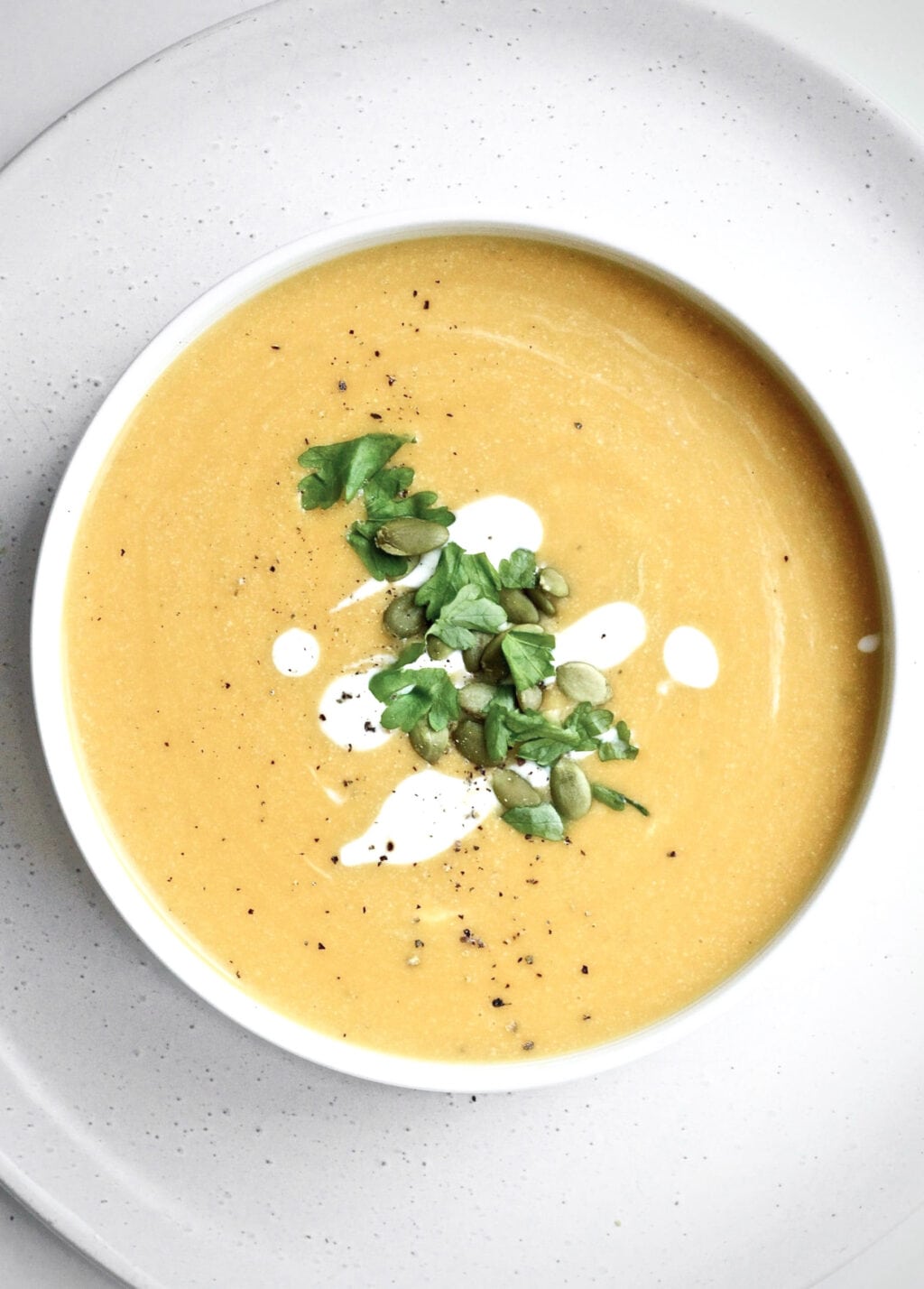 A birds-eye photo of pumpkin soup garnished with pumpkin seeds and Italian flat leaf parsley, with a tasteful drizzle of cashew cream.