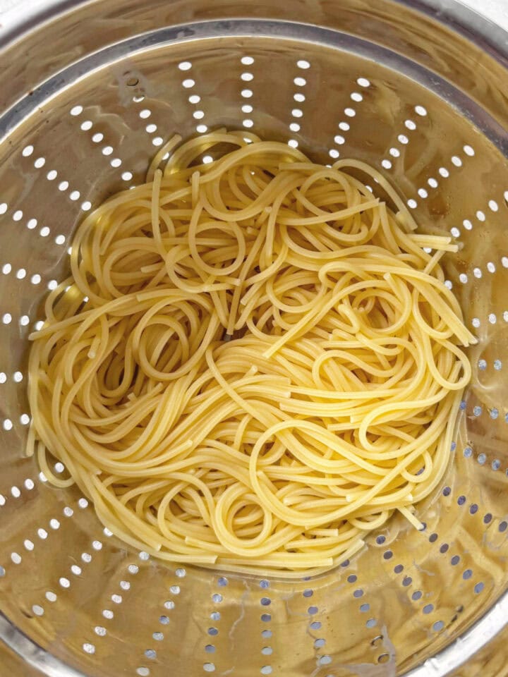 Cooked pasta in colander