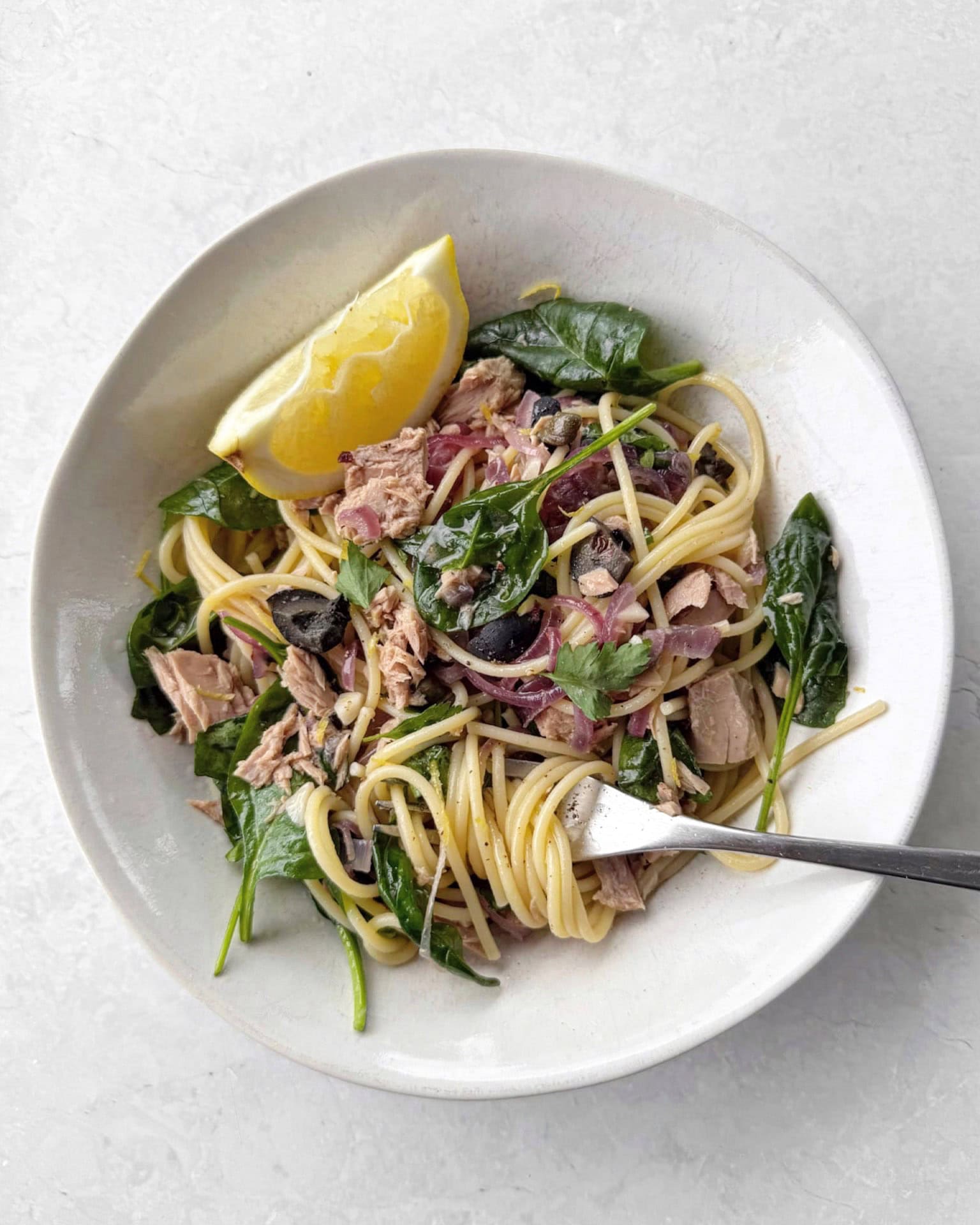 A bowlful of canned tuna pasta