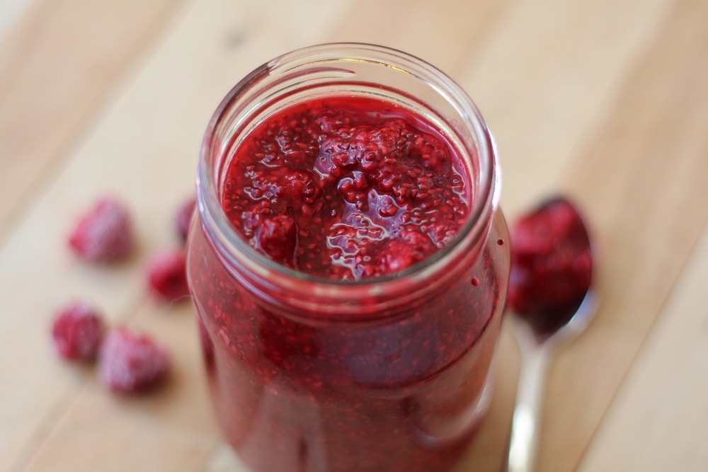 A jar of berry chia jam. 