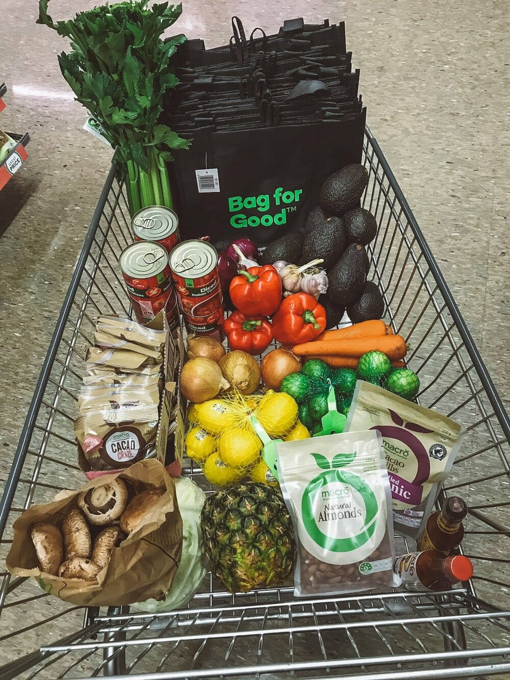 Supermarket trolley with ingredients for supper club. 