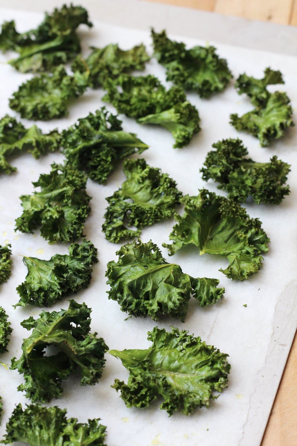 Close up of oven-baked kale chips.