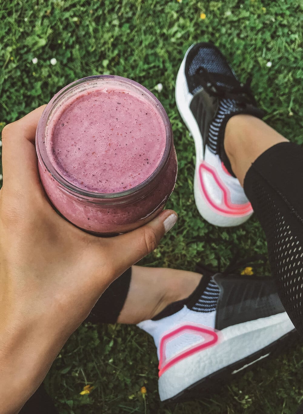 Post-run smoothie in a glass. 