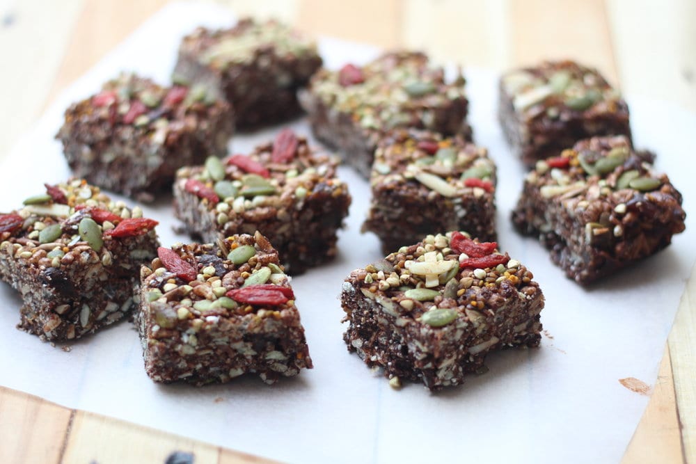 Bite-sized chocolate and raisin rice crispy bars.