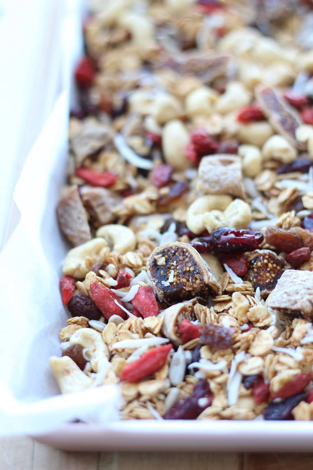 Close up of fig and cashew muesli.