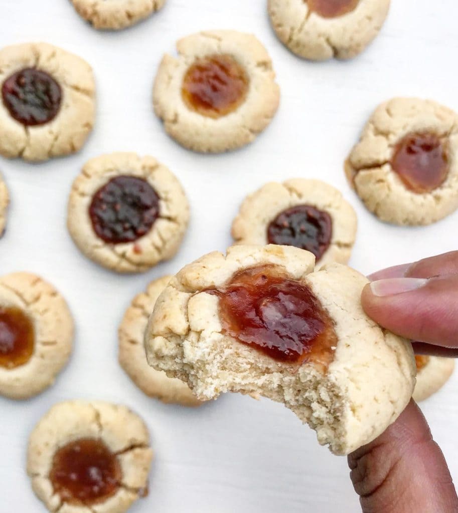 Close up of baked gluten-free jam drop cookies.