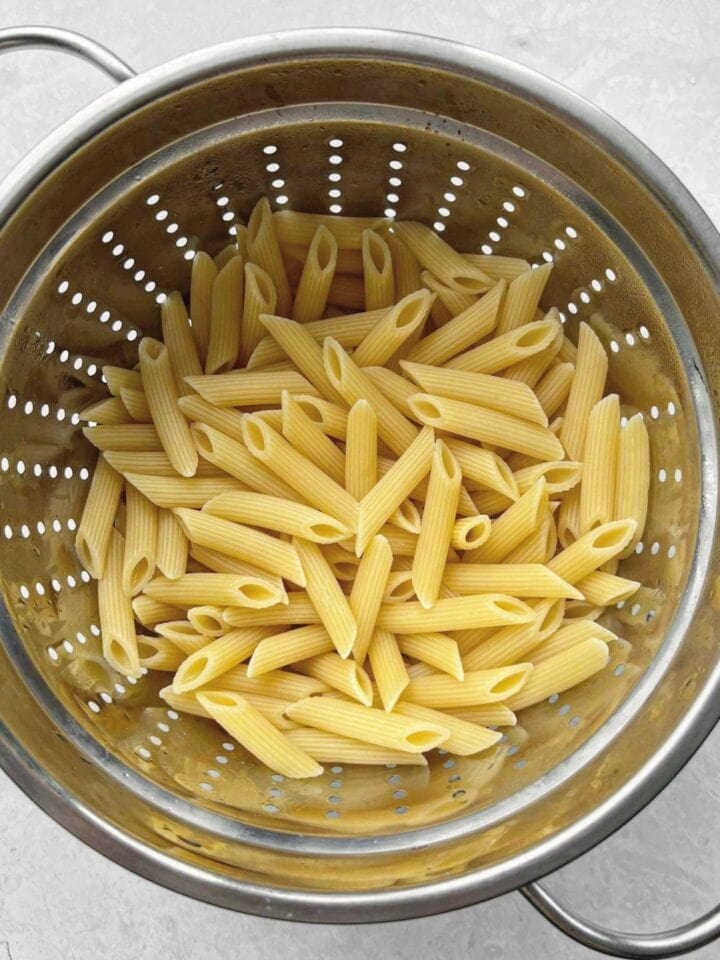 Cooked pasta in a colander