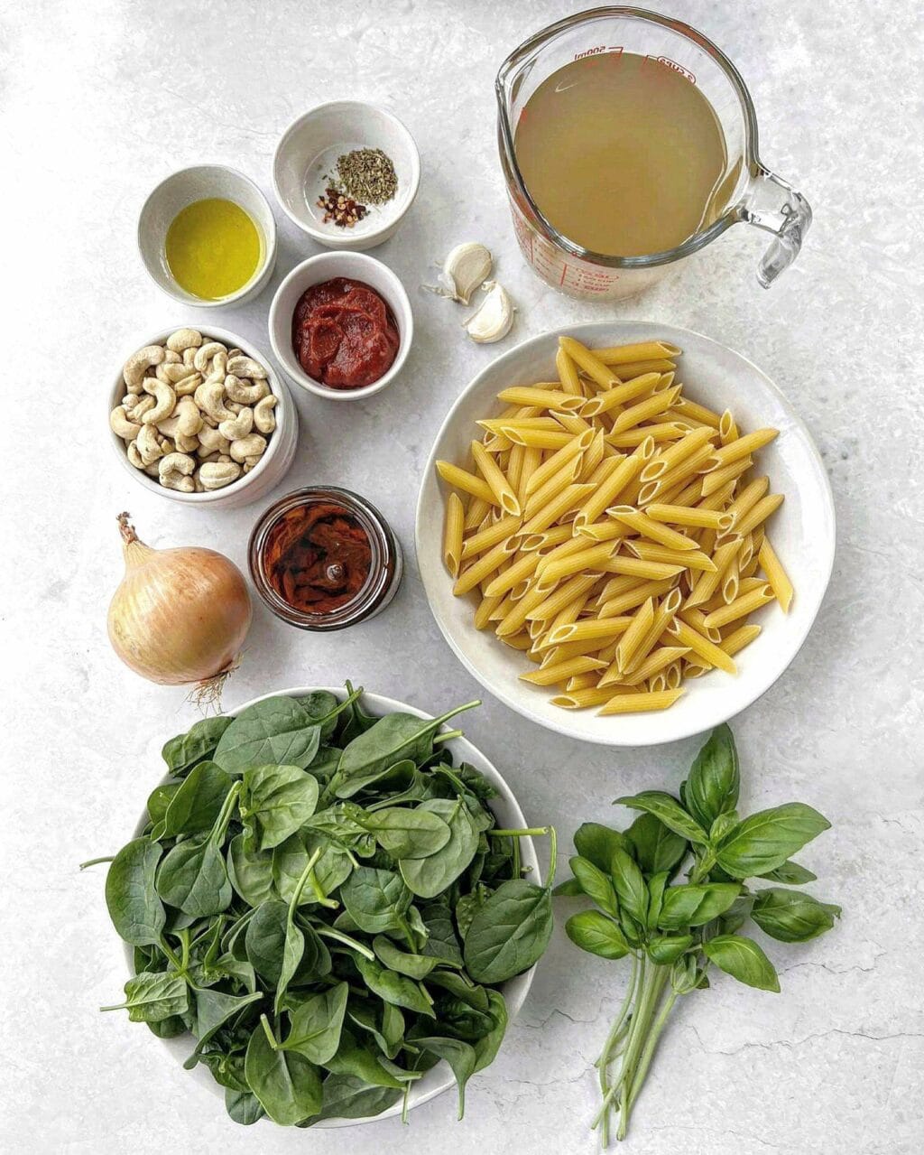 Ingredients for a cashew cream sun-dried tomato pasta sauce
