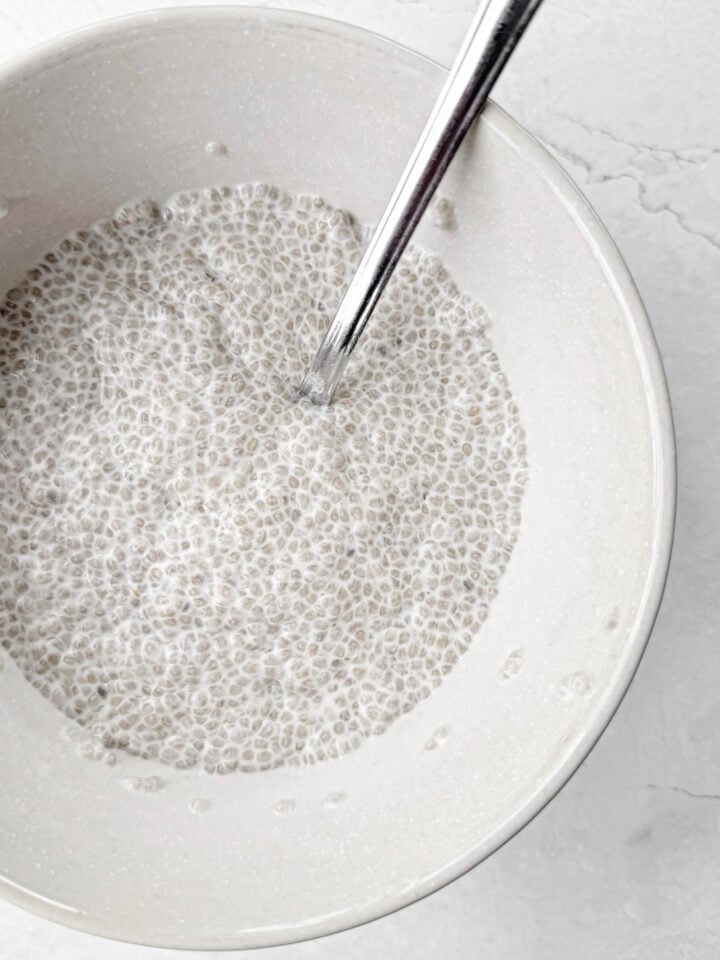 Thickened chia seeds soaked in almond milk and coconut milk.