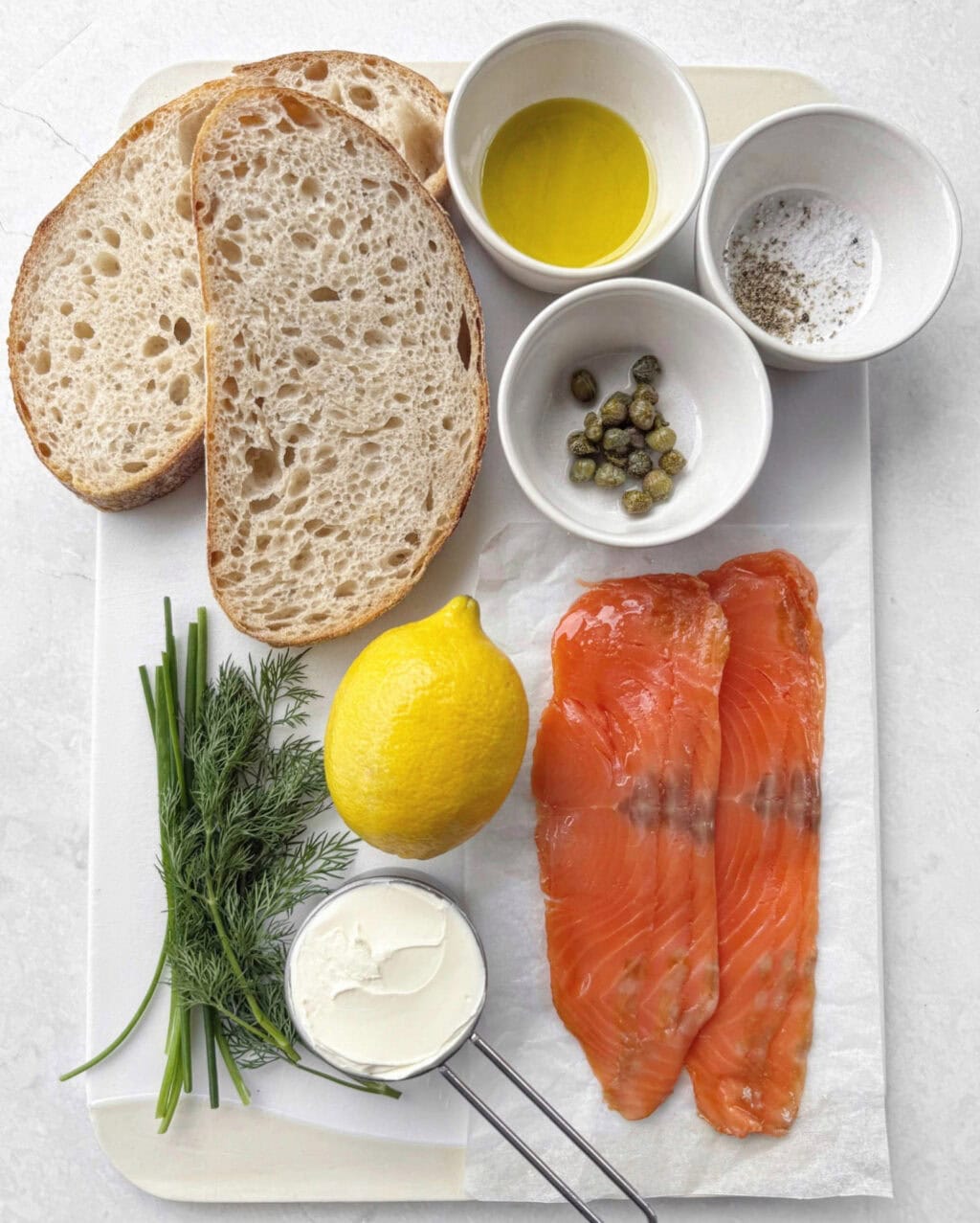 Ingredients for smoked salmon on toast.